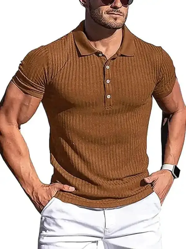 New Men’s High Stretch Vertical Stripe Long Sleeve POLO Shirt Slim Fit Short Sleeve Polo Shirt