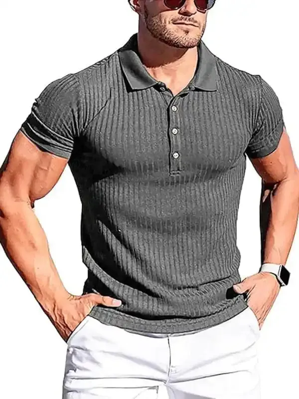 New Men’s High Stretch Vertical Stripe Long Sleeve POLO Shirt Slim Fit Short Sleeve Polo Shirt