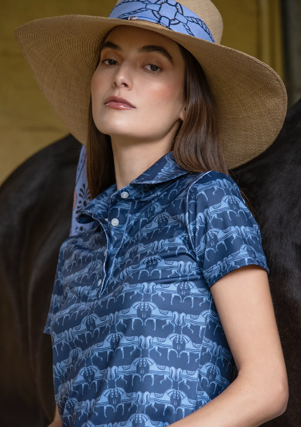 Noelia Classic Polo-Shirt Short Sleeve Steed Print | Sapphire