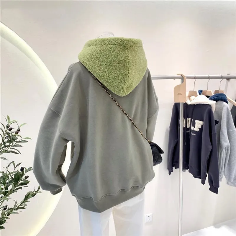 Patchwork Oversize Sweatshirt Casual Loose Thick Long Sleeve Hoodies