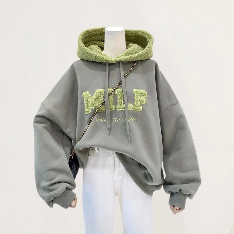 Patchwork Oversize Sweatshirt Casual Loose Thick Long Sleeve Hoodies