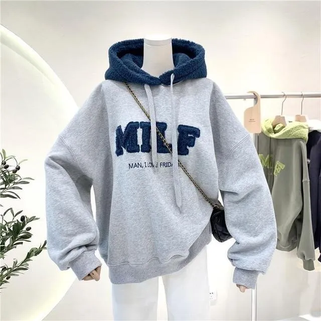 Patchwork Oversize Sweatshirt Casual Loose Thick Long Sleeve Hoodies