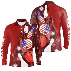 Personalized Christmas American Flag Bowling Polo Shirts For Men Custom Red Bowling Team Jerseys