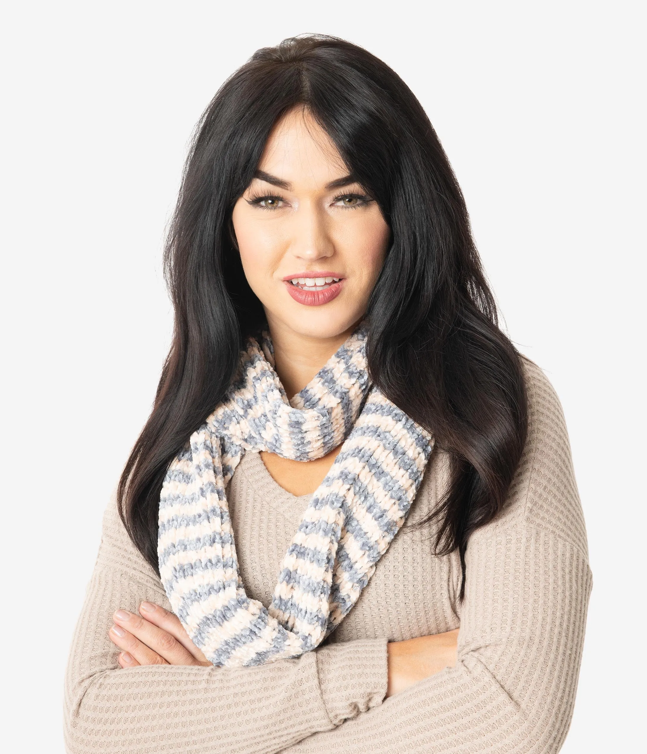 Silver Grey & Beige Plush Knit Infinity Scarf