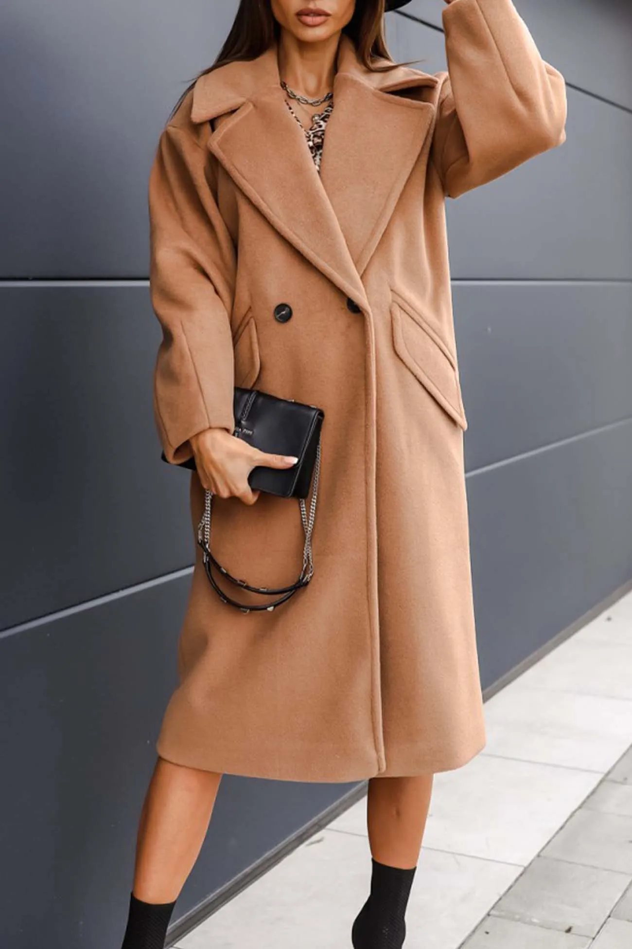 Solid Double Breasted Lapel Long Coat