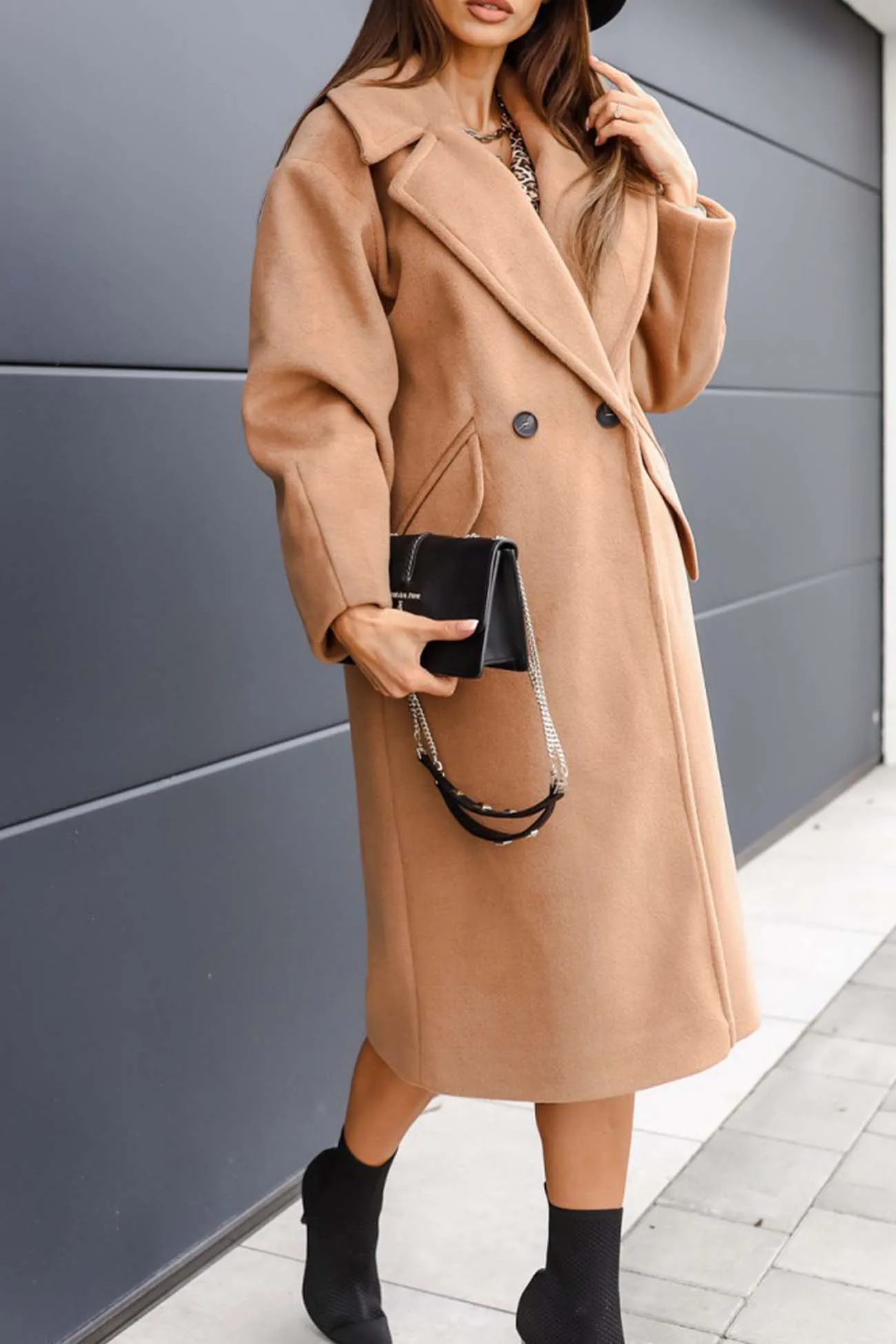 Solid Double Breasted Lapel Long Coat