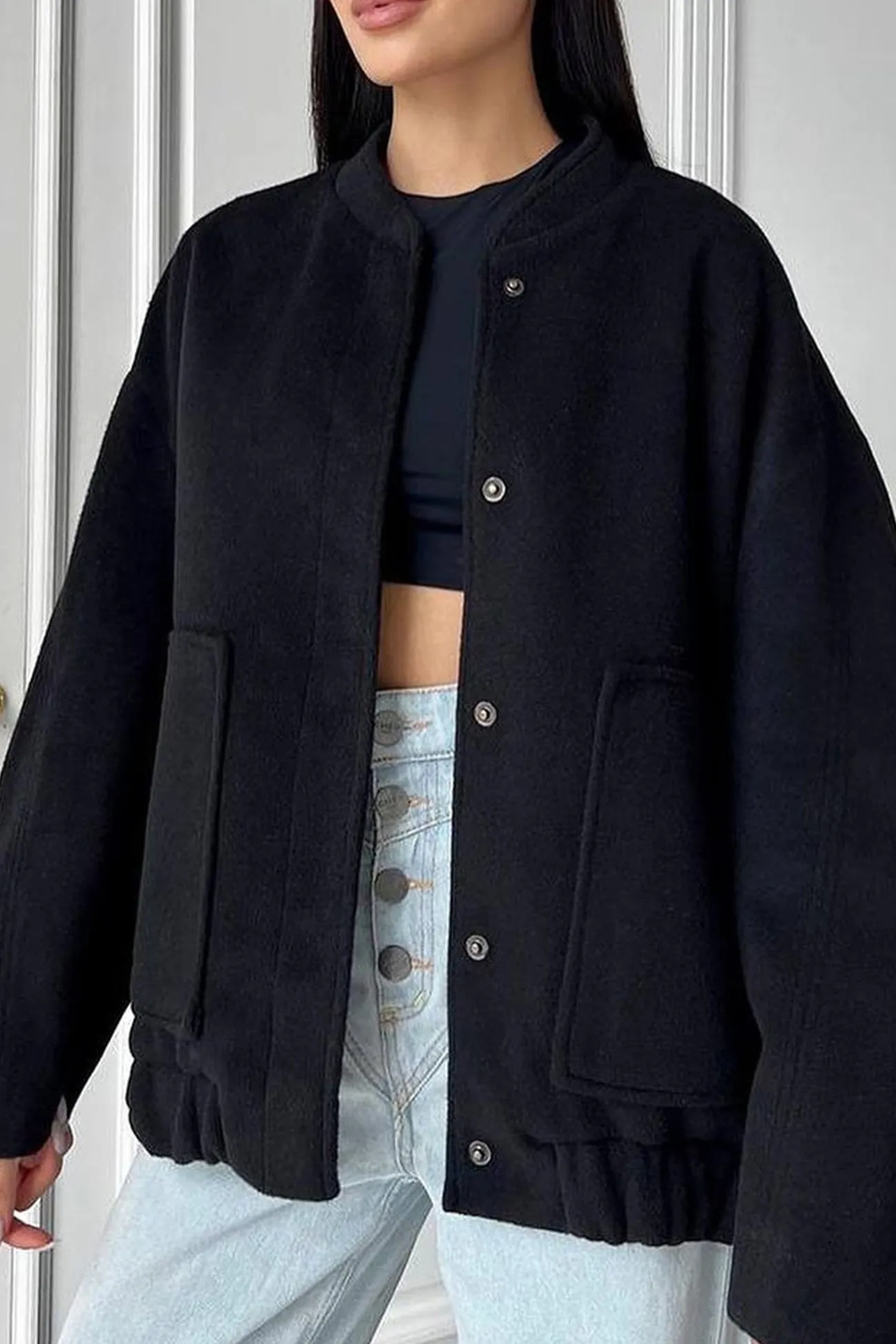 Solid Stand Collar Large Pocket Coat