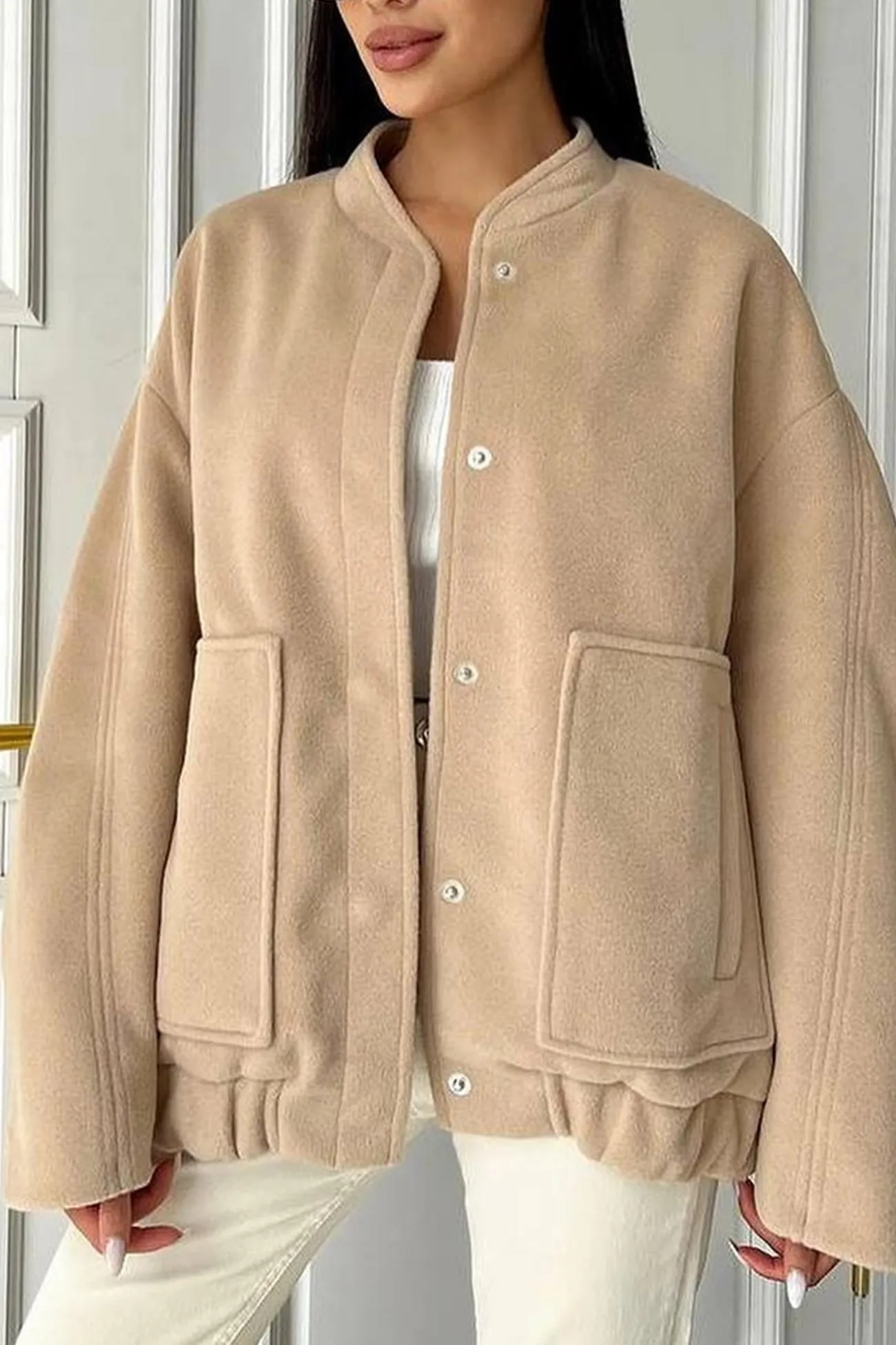 Solid Stand Collar Large Pocket Coat