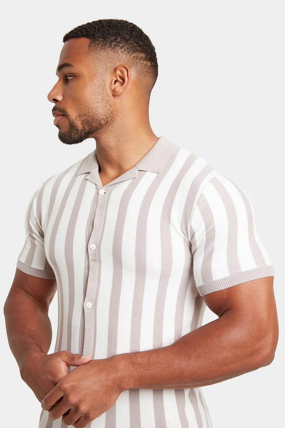 Stripe Knitted Shirt in Stone/Ecru