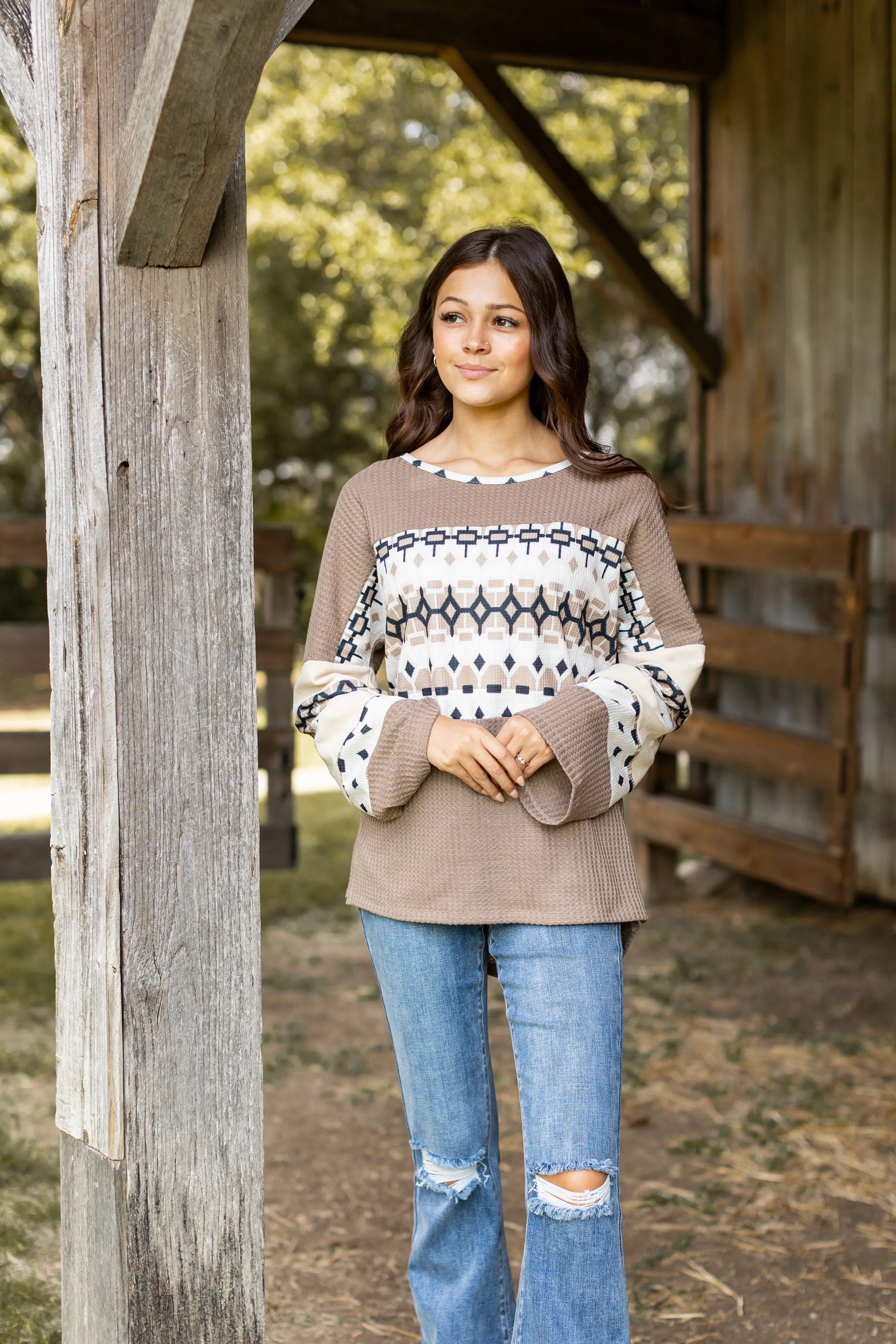 Tan Waffle Knit With Aztec Details