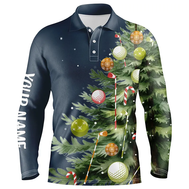 White Mens Golf Polo Shirts Custom Blue Christmas Tree Shirt For Mens, Christmas Golf Gifts