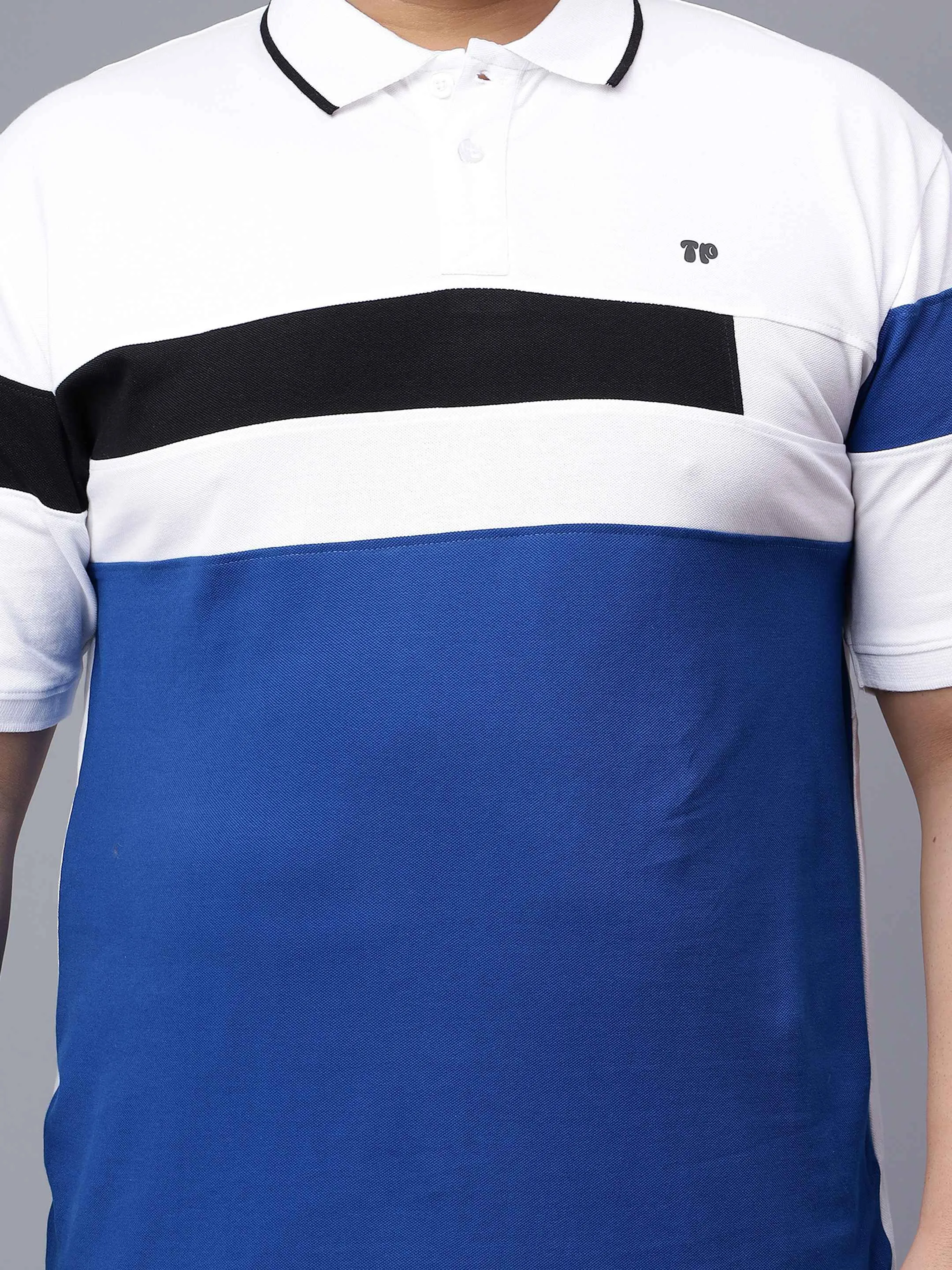 White with Royal Blue Striped Plus Size Polo T-shirt