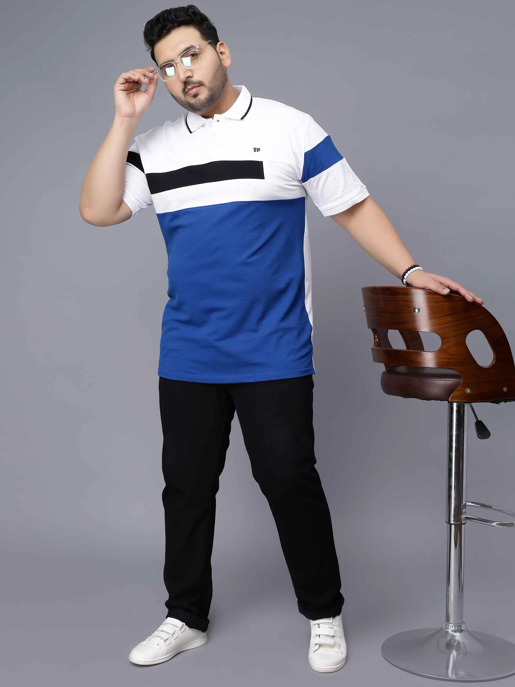 White with Royal Blue Striped Plus Size Polo T-shirt