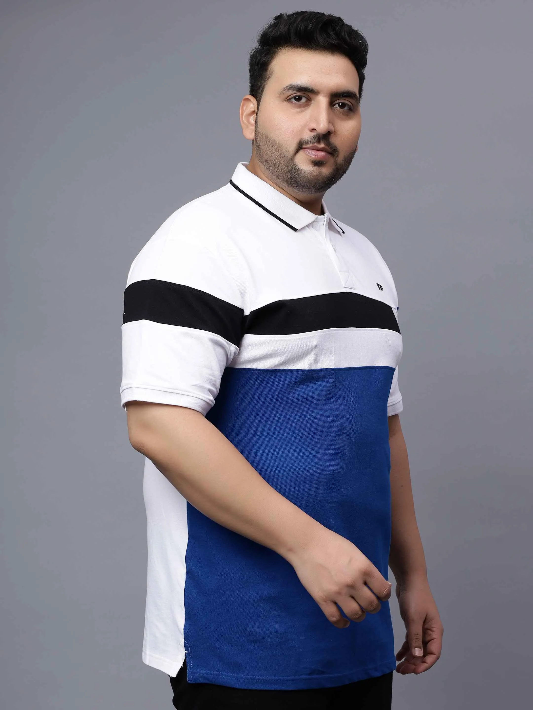 White with Royal Blue Striped Plus Size Polo T-shirt