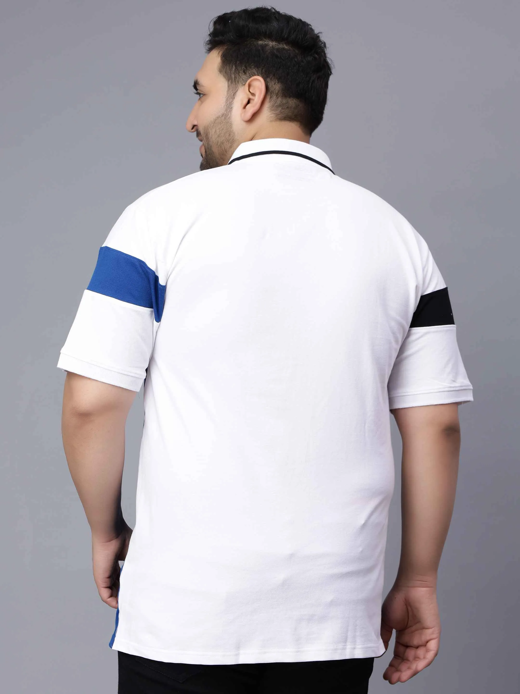 White with Royal Blue Striped Plus Size Polo T-shirt