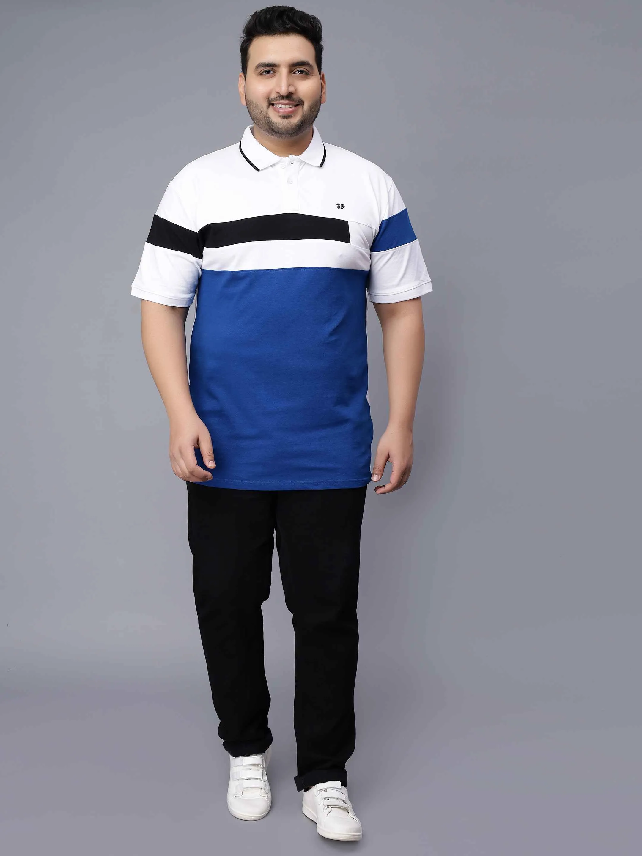 White with Royal Blue Striped Plus Size Polo T-shirt