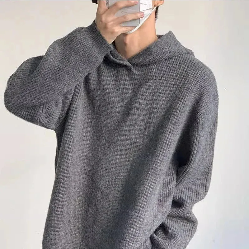 Wiaofellas  -  fall outfits men Autumn Clothing Men's Luxury Knitted Hooded Pullovers Sweater Casual Streetwear Solid Color Long Sleeve Hoodie Knitwear New