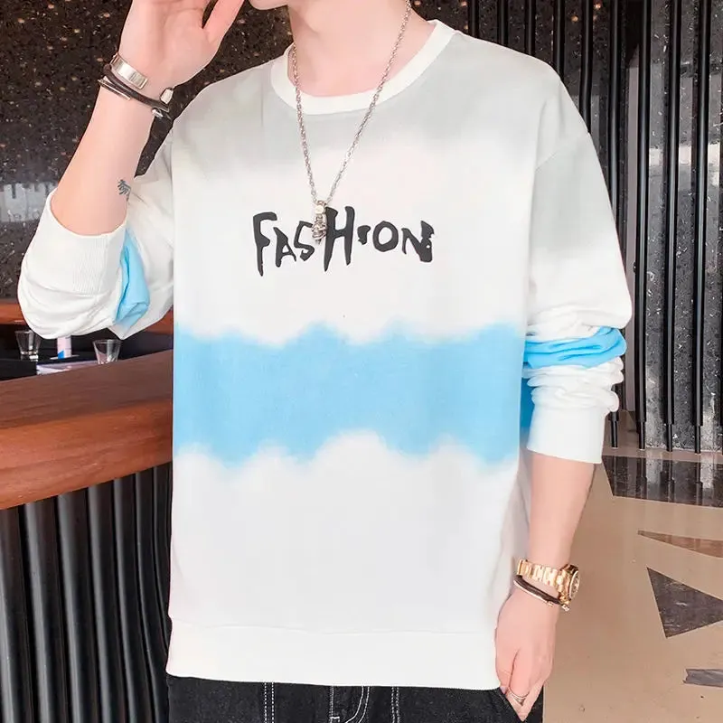 Wiaofellas  -  Fashion Printed Loose Letter Tie Dye T-Shirt Men's Clothing Autumn New Oversized Casual Pullovers All-match Tee Shirt