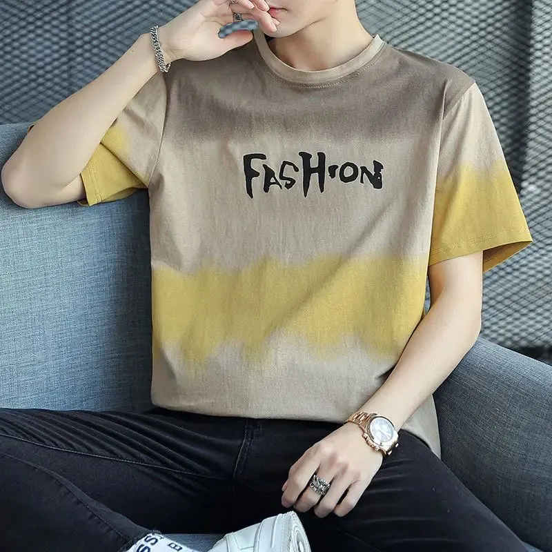 Wiaofellas  -  Fashion Printed O-Neck Letter Gradient T-Shirt Men's Clothing Summer New Oversized Casual Pullovers Korean Tee Shirt