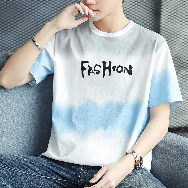 Wiaofellas  -  Fashion Printed O-Neck Letter Gradient T-Shirt Men's Clothing Summer New Oversized Casual Pullovers Korean Tee Shirt