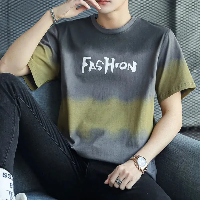 Wiaofellas  -  Fashion Printed O-Neck Letter Gradient T-Shirt Men's Clothing Summer New Oversized Casual Pullovers Korean Tee Shirt