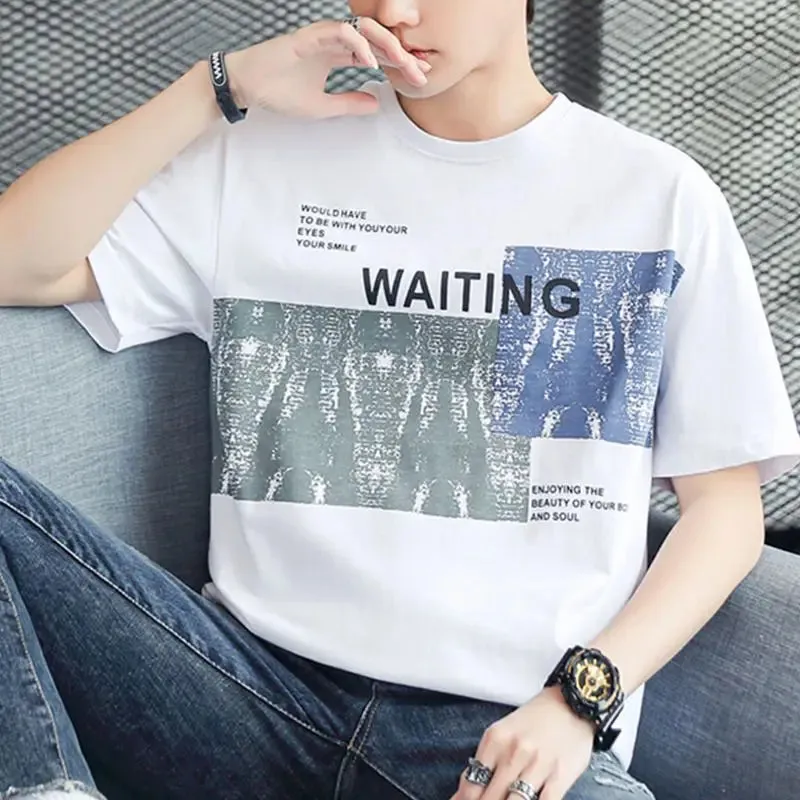 Wiaofellas  -  Fashion Printed O-Neck Short Sleeve All-match T-Shirt Men's Clothing Spring New Oversized Casual Pullovers Korean Tee Shirt