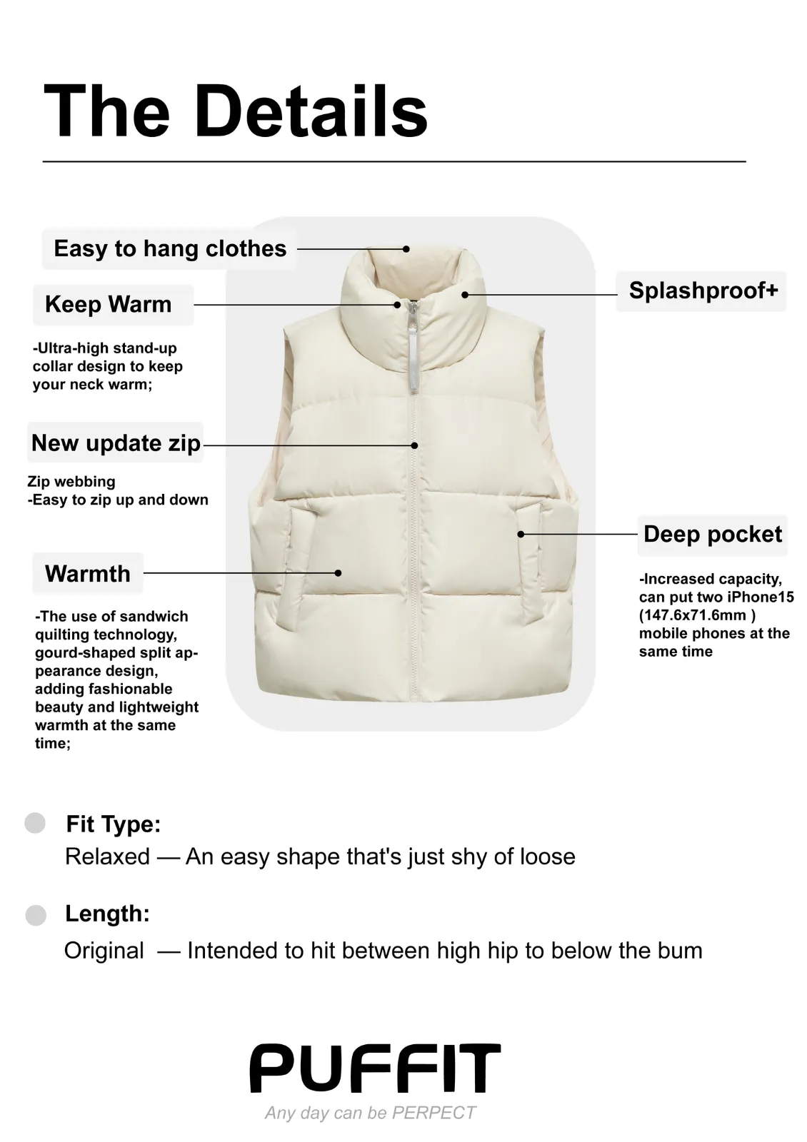 Winter Warmer  Stand-up Puffer Gilet Splashproof