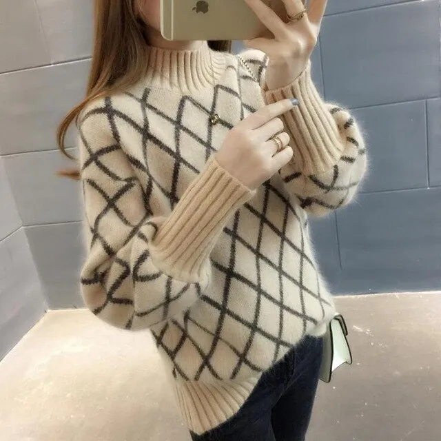 Women Lantern Sleeve Turtleneck Plaid Knitted Pullover Sweater Ladies Korean 2020