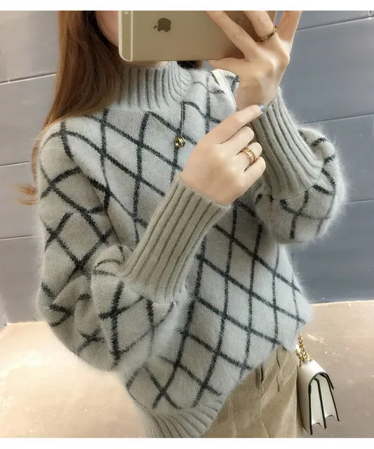 Women Lantern Sleeve Turtleneck Plaid Knitted Pullover Sweater Ladies Korean 2020