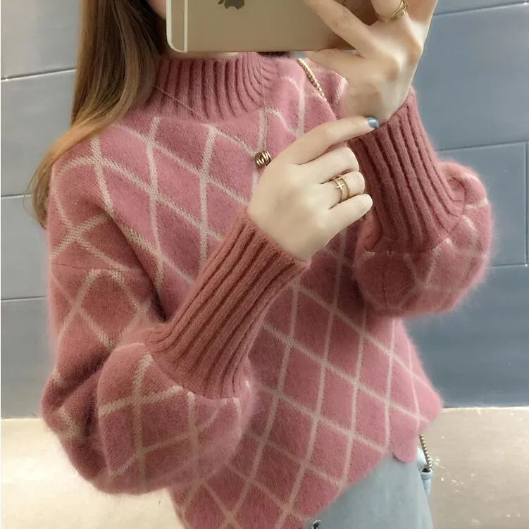 Women Lantern Sleeve Turtleneck Plaid Knitted Pullover Sweater Ladies Korean 2020