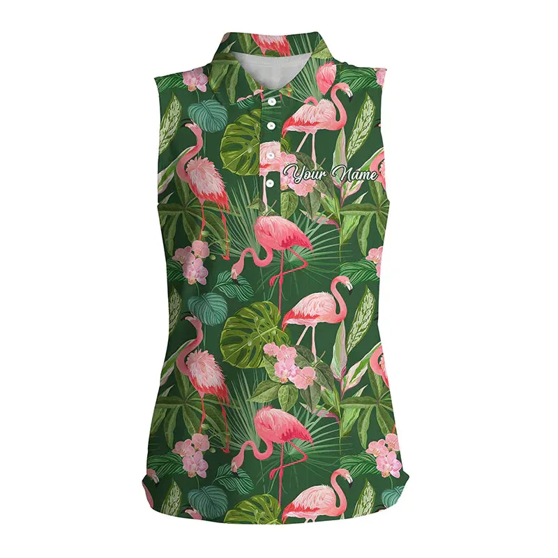 Women sleeveless polo shirt, blue forest pattern pink flamingo golf shirts custom golf shirts for women