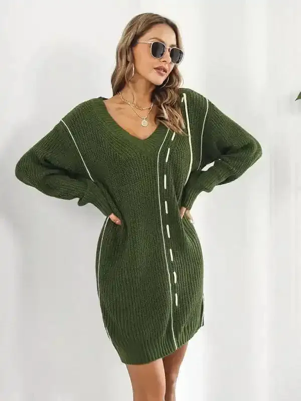 Women’s Dropped Sleeves Drawstring V-Neck Sweater Dress