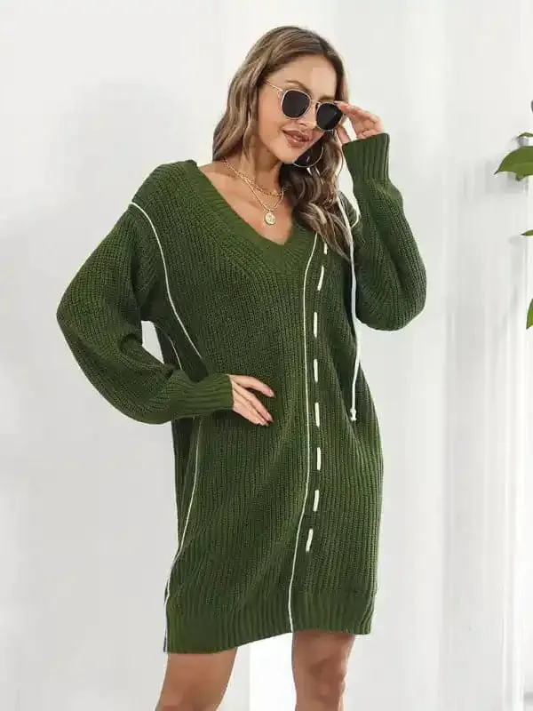 Women’s Dropped Sleeves Drawstring V-Neck Sweater Dress