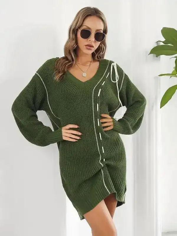 Women’s Dropped Sleeves Drawstring V-Neck Sweater Dress