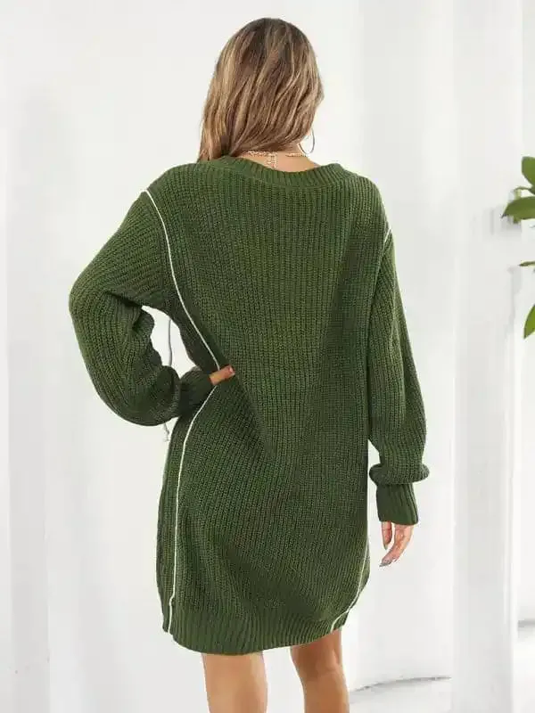 Women’s Dropped Sleeves Drawstring V-Neck Sweater Dress