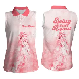 Womens Sleeveless Polo Shirt Custom Name Swing Swear Repeat Golf Shirt, Ladies Golf Tops