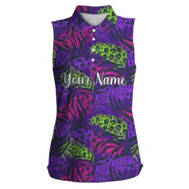 Womens sleeveless polo shirts with colorful purple tropical background, custom team golf polo shirts