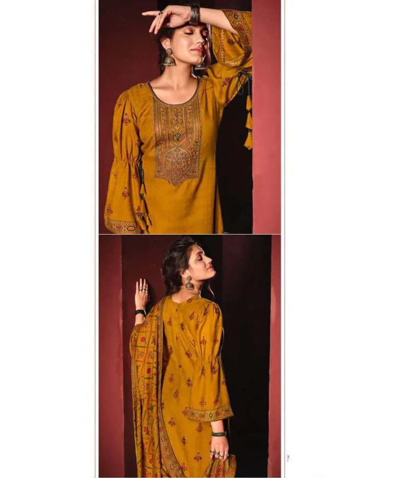 Woolen Pashmina Yellow Winter Unstitched Suits With shawl