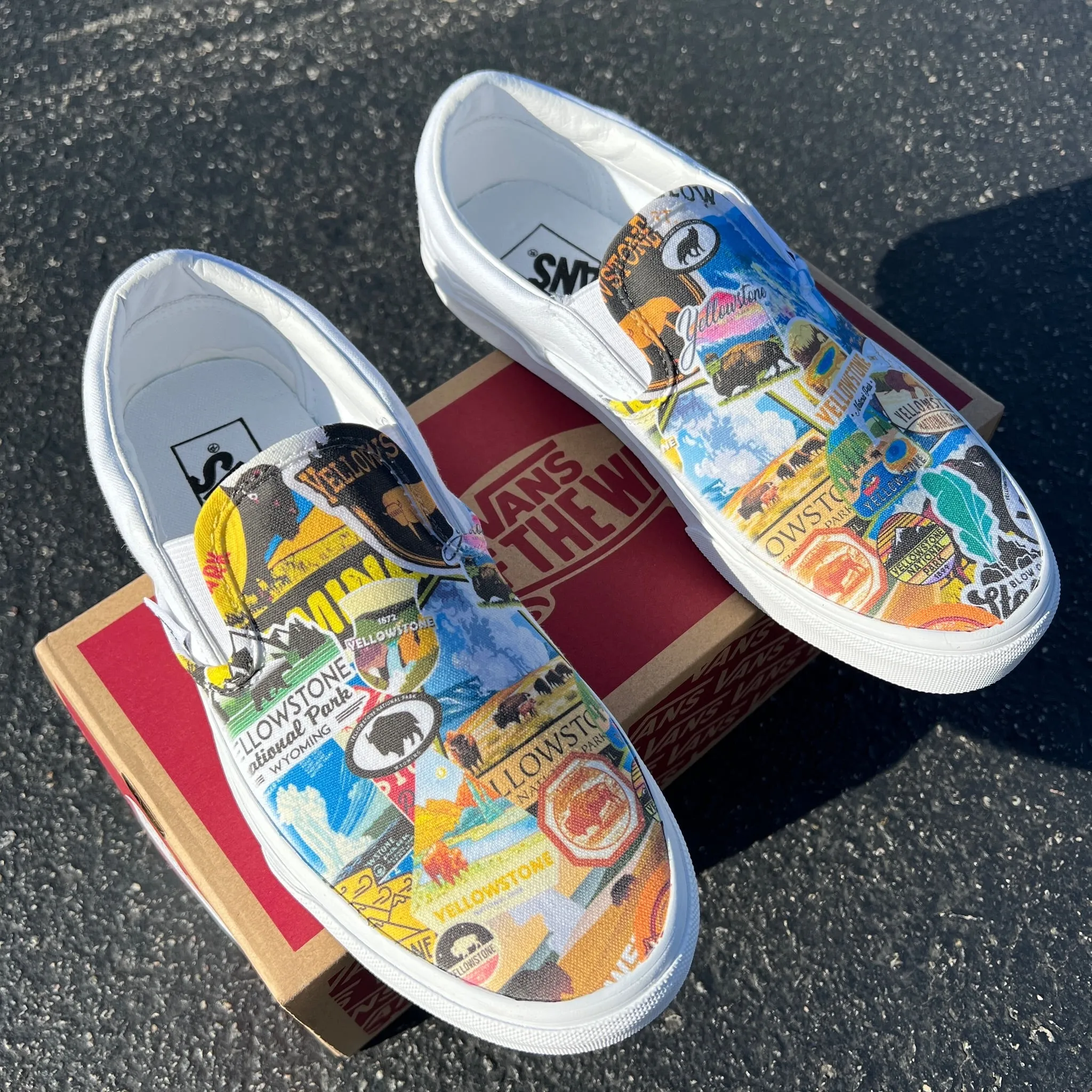 Yellowstone National Park - Custom Vans White Slip On Shoes