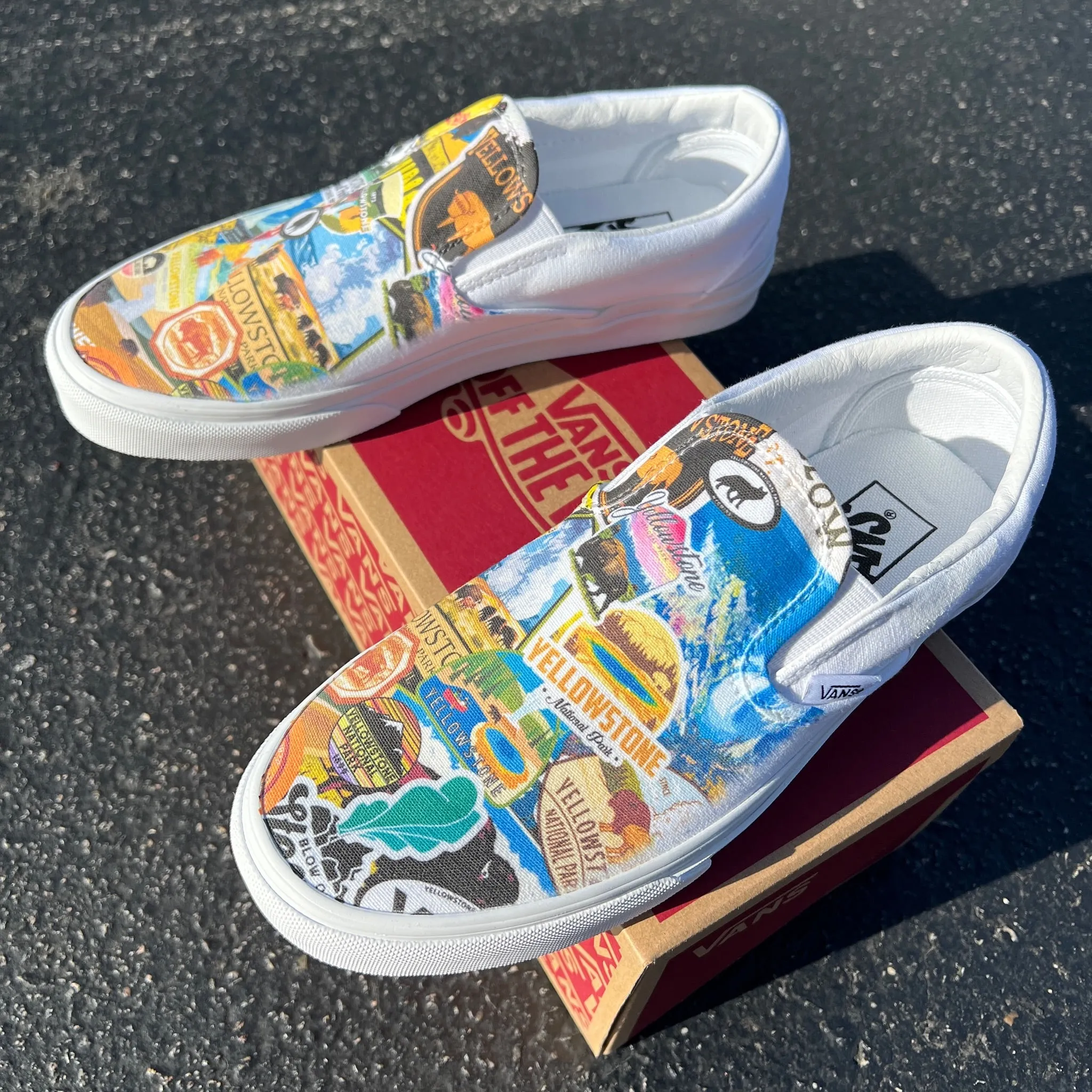 Yellowstone National Park - Custom Vans White Slip On Shoes